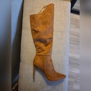 Nine West Knee-High Suede Stiletto Boot in Cognac Brown